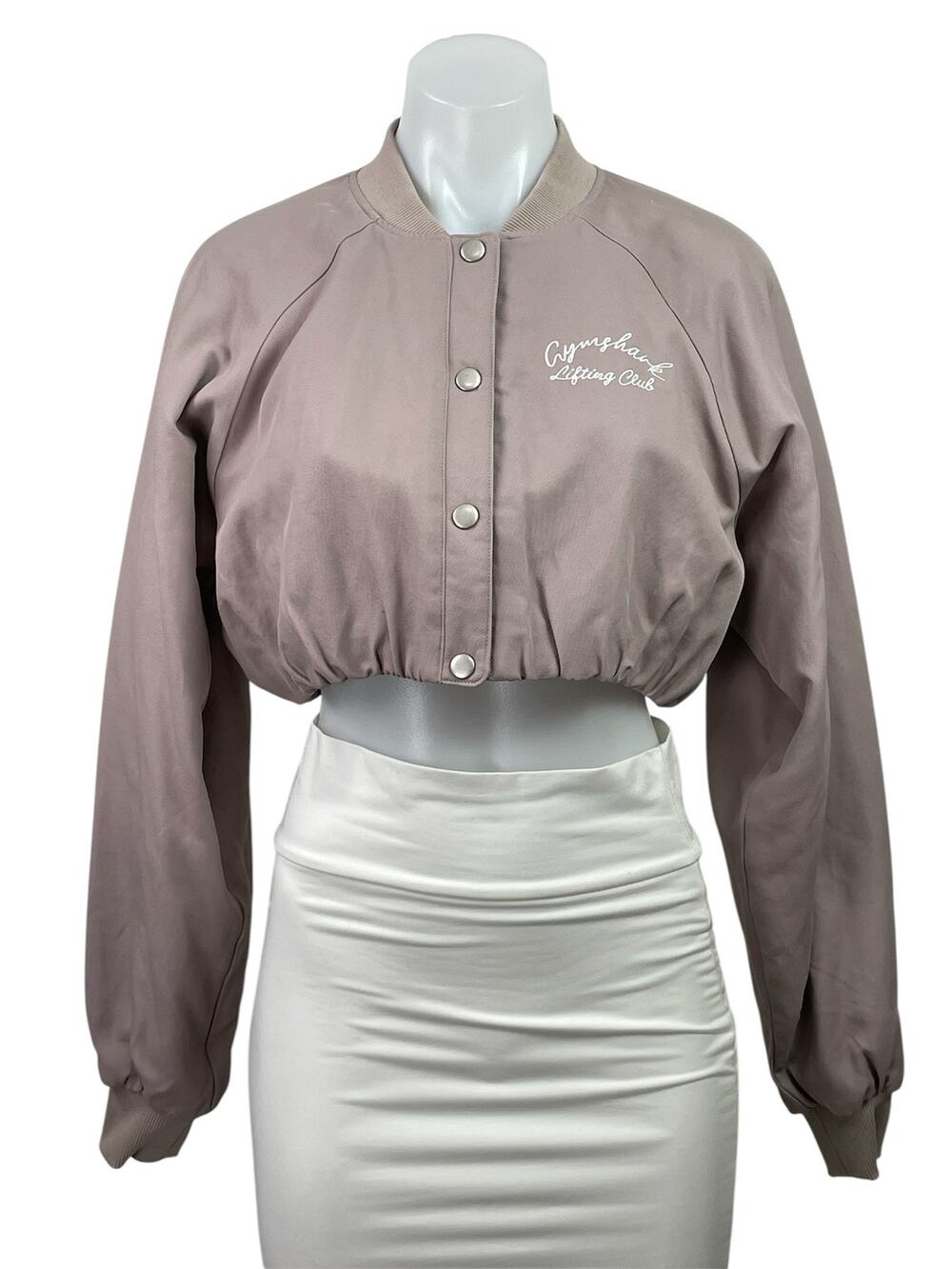 NEW Gymshark Womens Pink Snap Button Long Sleeve Cropped Bomber Coat Jacket Sz S